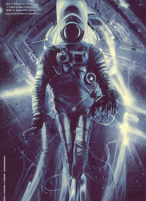 Image similar to astronaut in dark void underwater - complex and hyperdetailed technical suit design. reflection and dispersion materials. rays and dispersion of light. volumetric light. f / 3 2. noise film photo. flash photography. ultra realistic, 5 0 mm. poster by wayne barlowe, hajime sorayama aaron horkey, craig mullins