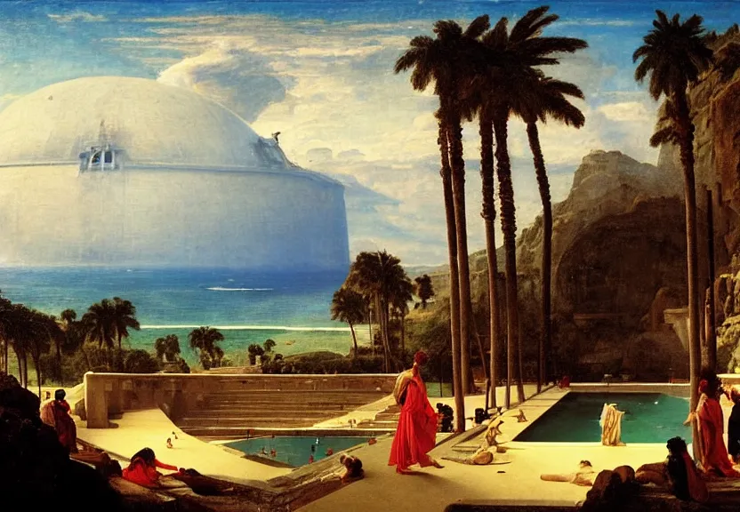 Image similar to The highest coliseum ever made, 1km tall, thunderstorm, greek pool, beach and palm trees on the background major arcana sky, by paul delaroche, hyperrealistic 4k uhd, award-winning very detailed