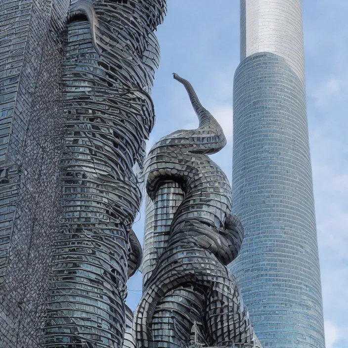 Prompt: Evil tower in the cityscape, with a giant snake coiled around it, hissing and ready to strike.