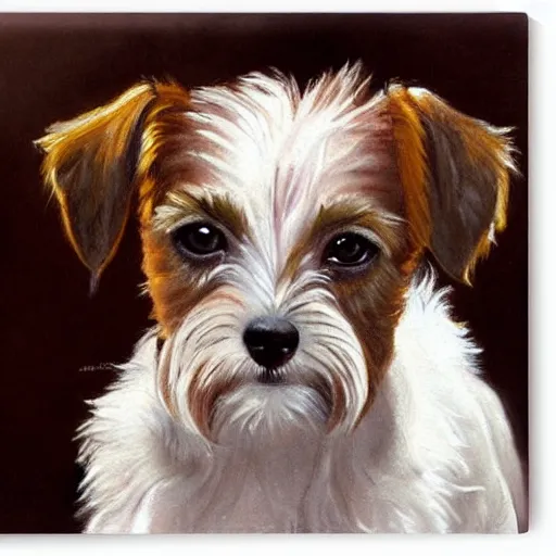 Image similar to a high quality painting of a very cute scruffy wire haired jack russell terrier puppy, white with chocolate brown spots, brown patches over both eyes. friendly, curious expression. painting by norman rockwell