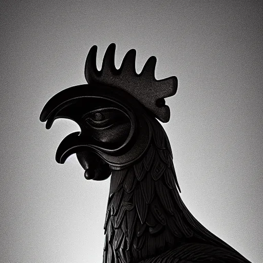 Prompt: a portrait of monumental muscular rooster antique statue in shape of creative man, vr helmet on man, black rock statue material, studio light, hasselblad photo, 8 k resolution, octane render, character design, digital art, logo design