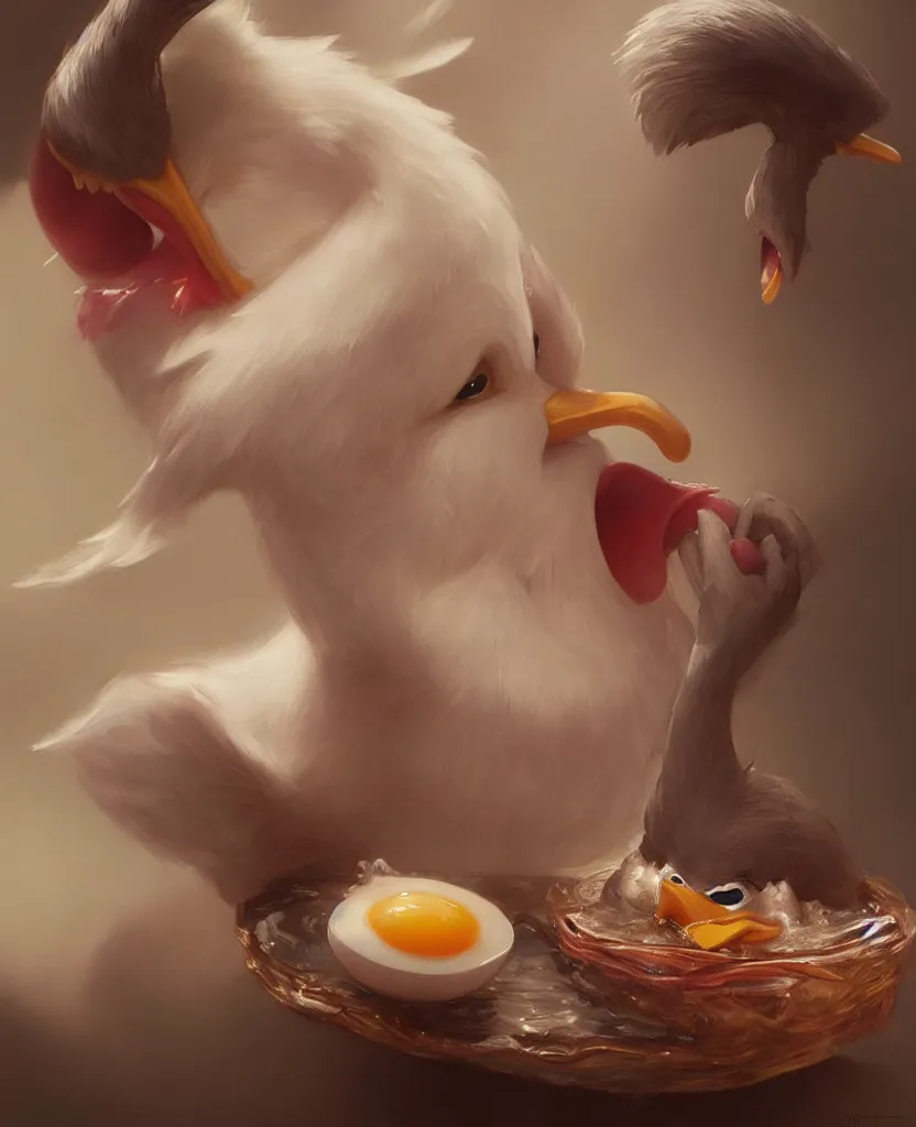 Prompt: realistic photography of a disgusted donald duck eating dirty eggs, deep focus, intricate, elegant, highly detailed, foggy, misterious, digital painting, artstation, concept art, matte, sharp focus, illustration, art by artgerm and greg rutkowski and alphonse mucha