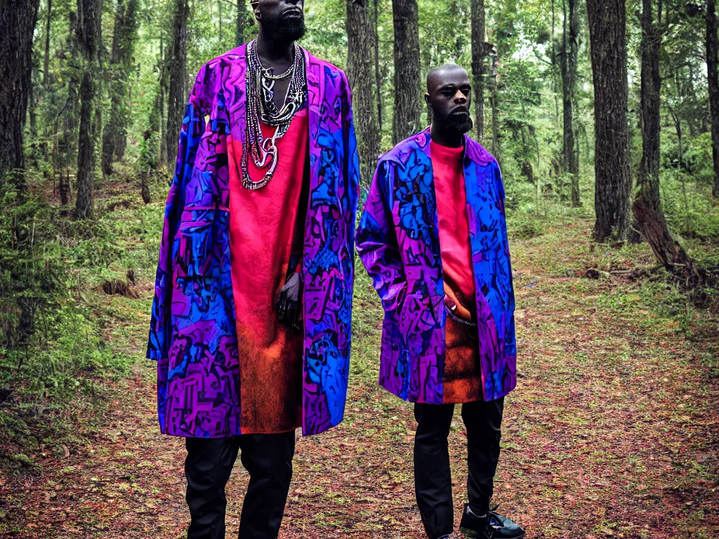 Prompt: versace avant garde male super oversized jacket blue purple red necklace textiles streetwear cyberpunk african american black skin shaved head trimmed beard in the woods overcast late evening dramatic professional color 8 k hdr