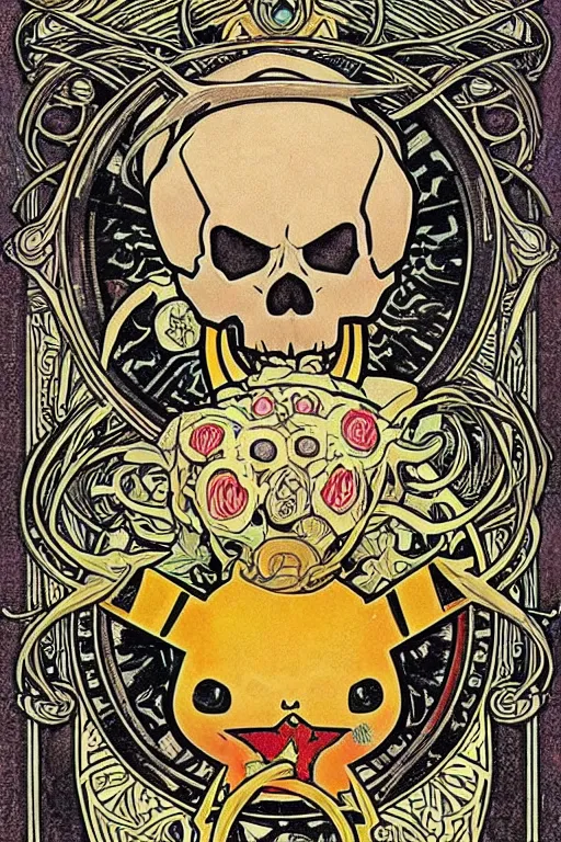 Image similar to skull of pikachu pokemon portrait in tarot style by Alphonse Mucha, detailed intricate, art nouveau