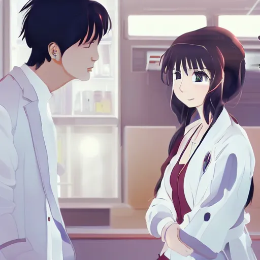 Prompt: a cute and beautiful young lady wearing white coat are talking with a handsome young man wearing white coat in a hospital ward, highly detailed, slice of life anime, illustration, anime scenery by Makoto shinkai