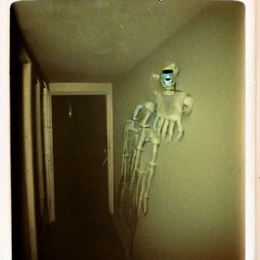 Prompt: a terrifying monster at the end of a hallway, dark!, creepy, nightmare fuel!!!, bones, horror, horrifying, unsettling, uncanny valley!, old polaroid, expired film,