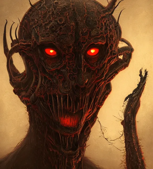 Image similar to a symmetrical matte portrait of an anthropomorphic mantis - headed demon from your worst nightmare. atmospheric lighting beyond creepy, dark, atmospheric, brooding, painted in intricate detailed by greg rutkowski, well composed, trending artstation, epic, stunning, gorgeous, intricate, wow, masterpiece