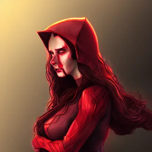 Image similar to Portrait of Wanda the scarlet witch, Marvel, crying blood, screaming, highly detailed, anger, fear, ominous background, artstation, trending on ArtStation, by smile _zPRO