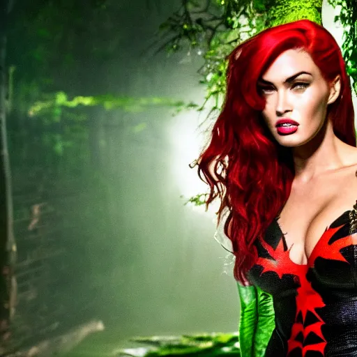 Image similar to stunning awe inspiring megan fox as poison ivy, movie still 8 k hdr atmospheric lighting