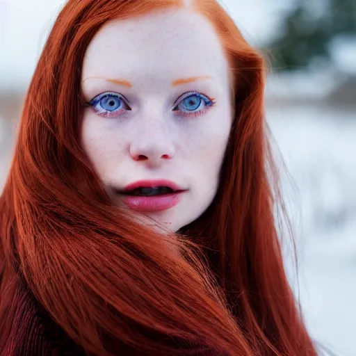 Prompt: close up portrait photograph of a thin young redhead woman with russian descent, with deep blue eyes. Wavy long maroon colored hair. she looks directly at the camera. Slightly open mouth, with a park visible in the background. 55mm nikon. Intricate. Very detailed 8k texture. Sharp. Cinematic post-processing. Award winning portrait photography. Sharp eyes.