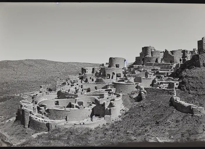 Image similar to Photograph of sprawling cliffside pueblo ruins, showing circular earthworks, terraced gardens and narrow stairs in lush desert vegetation in the foreground, albumen silver print, Smithsonian American Art Museum