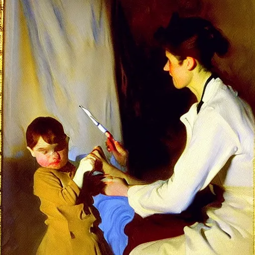 Image similar to vaccination, painting by john singer sargent, oil on canvas