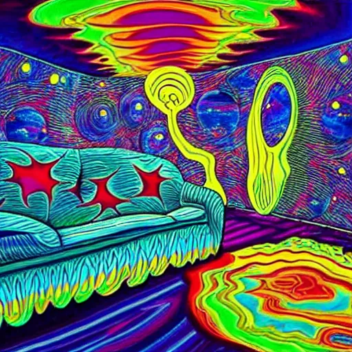 Image similar to psychedelic trippy couch in space, planets, milky way, sofa, cartoon by rob gonsalves and dale chihuly