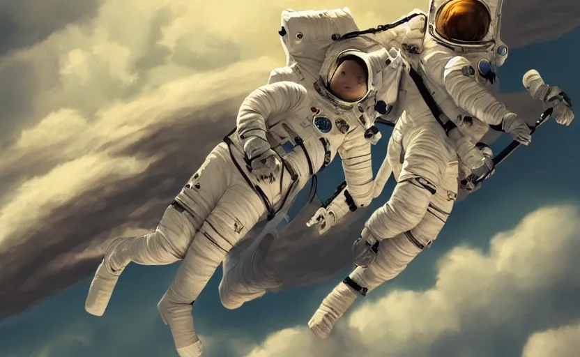Image similar to astronaut women on a nimbus cloud, by mobius, trending on artstation, sharp focus, masterpiece