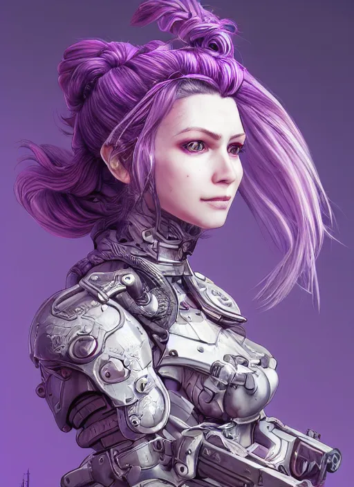 Prompt: portrait of a pale woman in power armor with purple ponytail hair, elegant, stoic, intense, ultrafine hyperdetailed illustration by kim jung gi, irakli nadar, intricate linework, sharp focus, bright colors, octopath traveler, final fantasy, hearthstone, highly rendered, global illumination, radiant light, detailed, intricate environment