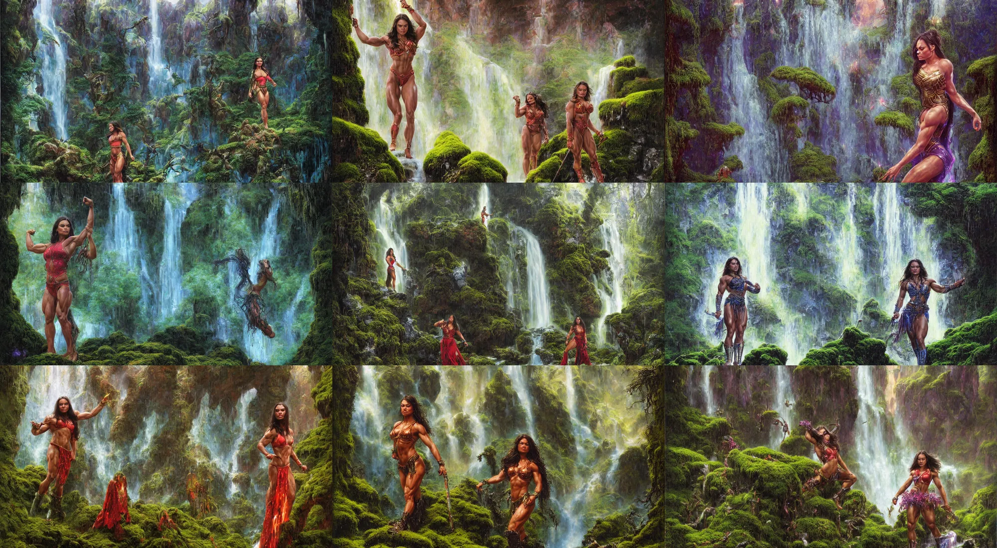 Prompt: portrait of mila kunis as a bodybuilder warrior, bright colors, sparkles, light rain, moist mossy white stones, mist from waterfall, cave glowing stones, epic composition, donato giancola, tim hildebrandt, wayne barlow, bruce pennington, larry elmore