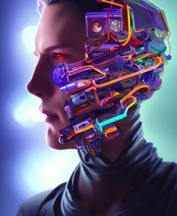 Image similar to a whirlwind inside the metaverse, guy, male, man, hologram, half body, neurochip, android, cyborg, cyberpunk face, by loish, d & d, fantasy, intricate, elegant, highly detailed, colorful, digital painting, artstation, concept art, art by artgerm and greg rutkowski and alphonse mucha