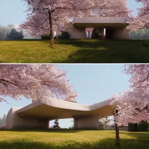 Image similar to futuristic rectangular beige house with courtyard, on a hill surrounded by big sakura trees, dramatic lighting, artstation, matte painting, raphael lacoste, simon stalenhag, frank lloyd wright, zaha hadid, drone view