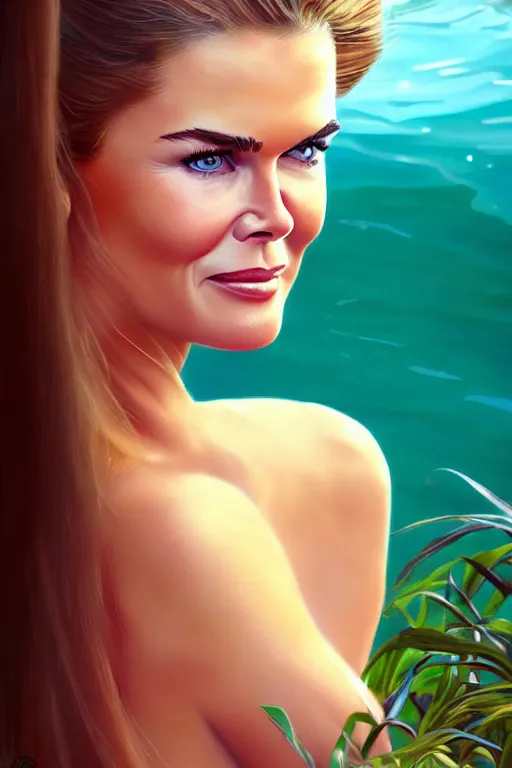 Image similar to mix of beautiful young maria shriver, mariel hemmingway, brooke shields, nicole kidman and elle macpherson as a young jungle girl swimming in a rockpool, thin lips, hair tied up in a pony tail, dark blonde hair, colorful, artstation, cgsociety