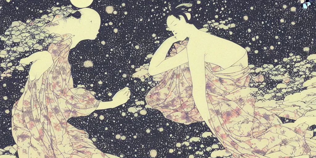 Image similar to stunning cold mountain landscape with sky full of galaxies by takato yamamoto