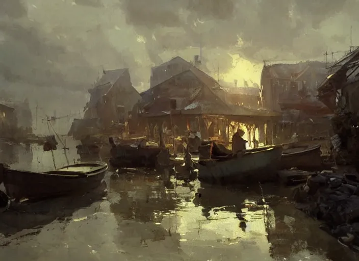 Image similar to oil painting of fishing village in dawn by anders zorn, wonderful art by greg rutkowski, incredible lighting, shadows, beautiful cinematic light