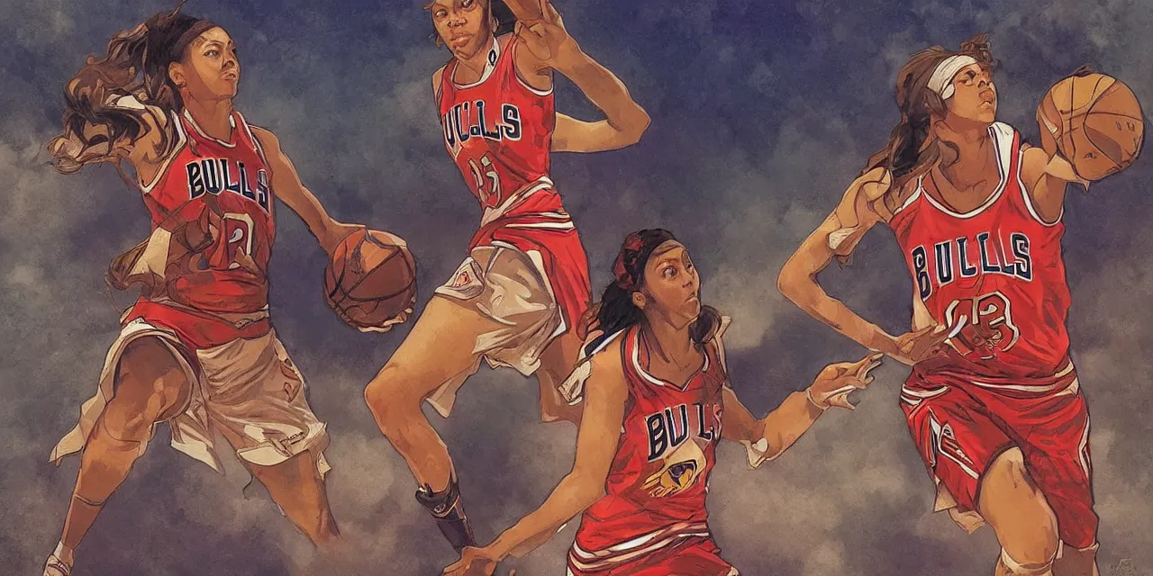 Prompt: candace parker playing basketball in a chicago bulls jersey art by artgerm and greg rutkowski and alphonse mucha, wide angle view,