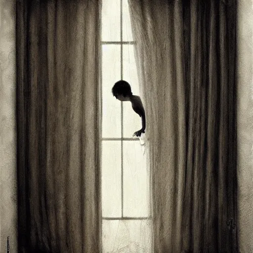 Prompt: Curtain Ghost by Mark Arian, dark, horror, surrealism, horror scene of a child staring outside the window. Screaming for help by Santiago Caruso