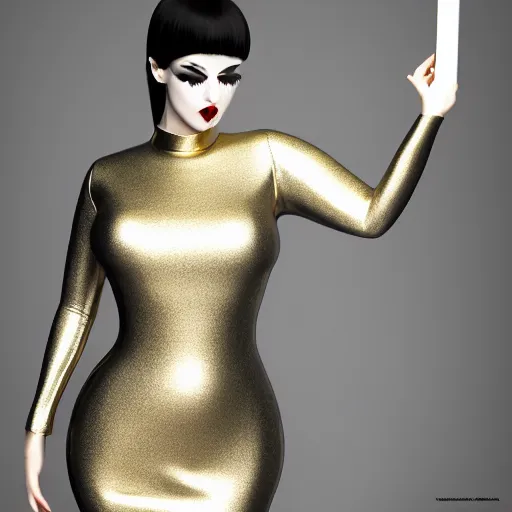 Image similar to a feminine curvy pale hot goth sweetie wearing a modest tight silver, gold, and black latex-nylon high-neck dress, dark eyeshadow, eyelashes, cgsociety, photorealistic, sublime-hyperadvanced-amorous ambience, 16k, smooth, sharp focus, trending on ArtStation, volumetric lighting, fully clothed, thin waist