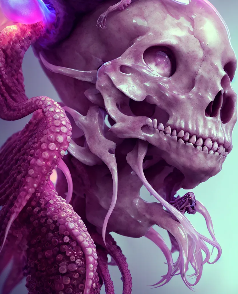 Image similar to goddess close - up portrait human skull, ram skull, squid phoenix jellyfish, orchid, betta fish, bioluminiscent, intricate artwork by tooth wu and wlop and beeple. octane render, trending on artstation, greg rutkowski very coherent symmetrical artwork. cinematic, hyper realism, high detail, octane render, 8 k