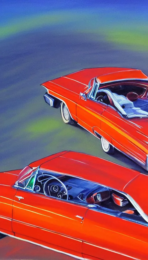 Image similar to far away, top down shot, 1 9 6 3 cadillac convertible driving down empty highway into a bright orange sunrise, water painting, high detail