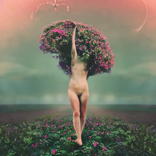 Image similar to A picture of a planet of various flowers, fungus and plants, in which the human figure is dressed in something magical and impressive, inside the picture is infinity, sunset light, Atmospheric phenomenon, artistic photography, muted colors, conceptual