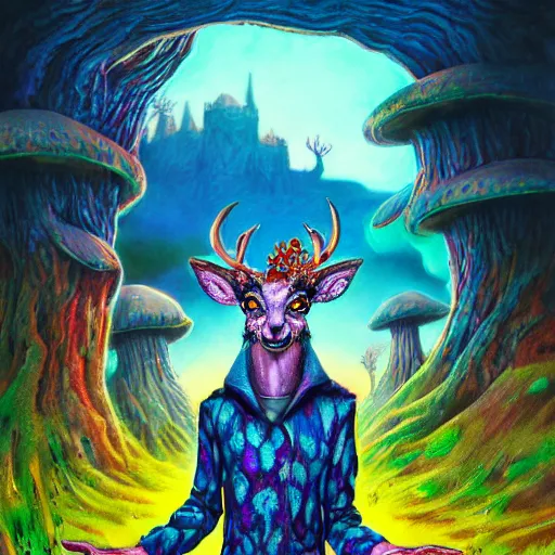 Image similar to 4 k headshot portrait of a psychedelic demonic anthropomorphic deer with mushroom themed clothes, magic mushroom village in background by jeff easley, award winning, stylized neon, post - processing, masterpiece, superb resolution. in the art style of junji ito and greg rutkowski. detailed mushroom city in background. hyper realistic anime. perfect art. dalle 2