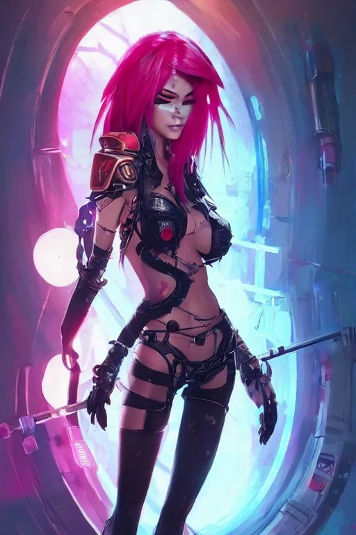 Image similar to katarina from league of legends, cyberpunk futuristic neon. she is holding blades, decorated with traditional japanese ornaments by ismail inceoglu dragan bibin hans thoma greg rutkowski alexandros pyromallis nekro rene maritte illustrated, perfect face, fine details, realistic shaded, fine - face, pretty face, masterpiece