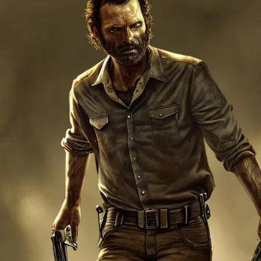 Image similar to rick grimes, the walking dead, zombie, cinematography, fantasy, medieval, vivid colors, elegant, concept art, sharp focus, digital art, Hyper-realistic, 4K, Unreal Engine, Highly Detailed, HD, Dramatic Lighting by Brom