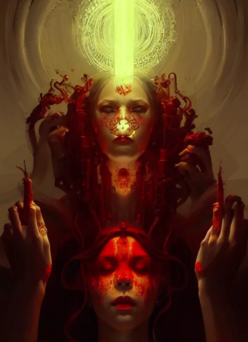 Image similar to portrait of the god of blood and her cultists, intricate, elegant, glowing lights, highly detailed, digital painting, artstation, concept art, smooth, sharp focus, illustration, art by wlop, mars ravelo and greg rutkowski