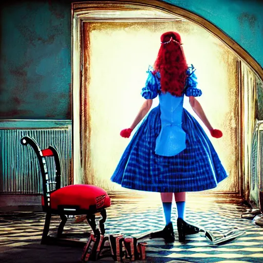 Image similar to alice in the wonderland, sitting, checkered floor, chair, blue dress, red door blonde, light by cheval michael