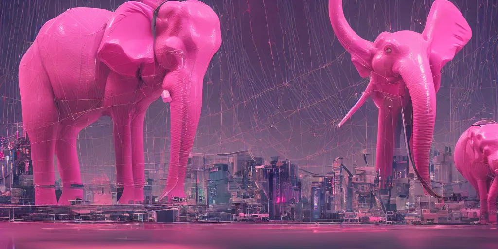 Prompt: a antropomorphic pink elephant playing a giantic analogic synthsizer with a lot of button potenciometers and iron cables, a giantic retrofuturistic computer monitor in the background futuristic, cyberpunk, biomechanical, xenomorphic, photorealistic, ultra detailed, 4 k, chromatic aberration, dof