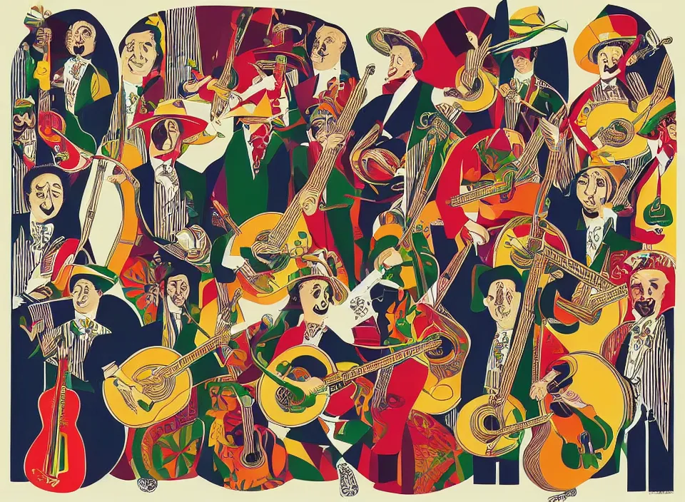 Image similar to graphic design of a mexican mariachi band by milton glaser and lilian roxon, detailed