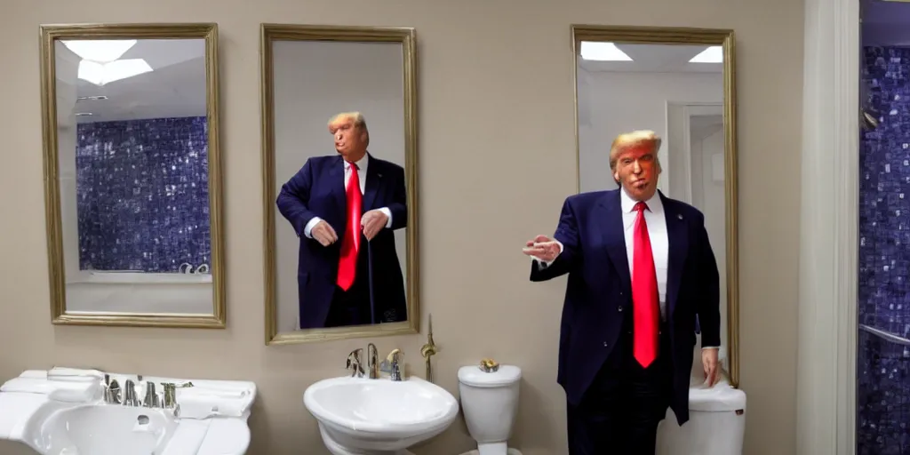 Image similar to ultra wide angle photo of donald trump dressed as willy wonka, from willy wonka and the chocolate factory, looking at himself in a bathroom mirror and seeing his reflection as an oompa loompa version of himself