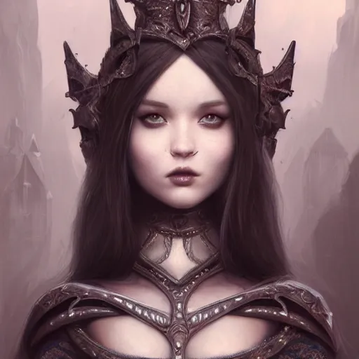 Prompt: tom bagshaw, very beautiful genetic mix of dove cameron madison beer bella poarch in a dark fantasy warrior splendid armor, ornaments, thin gothic makeup, professionally retouched, focus eyes, ultra realistic soft painting, insanely detailed linework, symmetrical accurate intricate features, behance artstation, 8 k