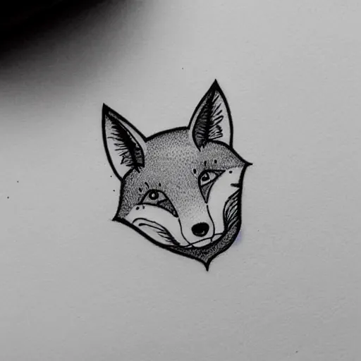 Image similar to a cute fox in the style of the Voynich manuscript outline tattoo design, black ink on white paper