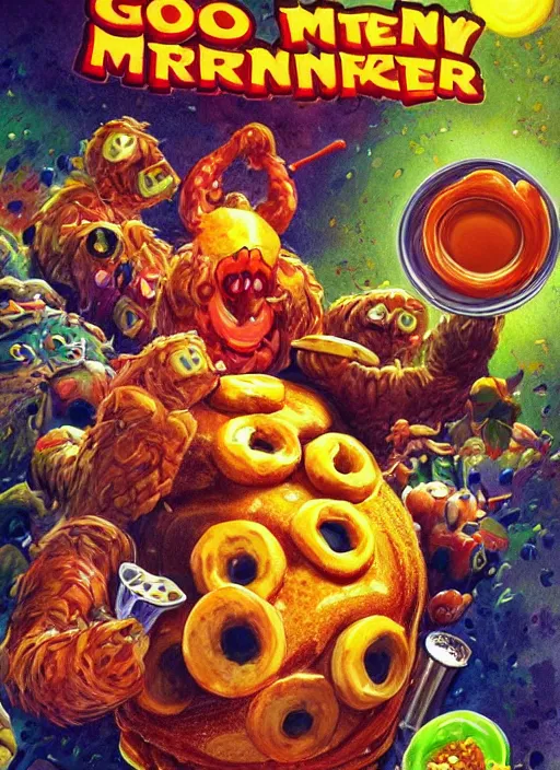 Image similar to good morning pancake and coffee monsters , breakfast monster ,doughnuts, cereal, waffles, colorful, digital art, fantasy, magic, trending on artstation, ultra detailed, professional illustration,chalk, poster artwork by Basil Gogos , clean