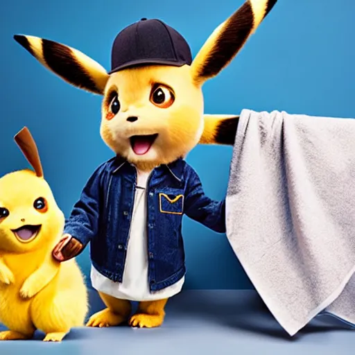 Image similar to portrait mid - sneeze cute detective pikachu mid - sneeze wiping face with rag at a photoshoot studio lighting