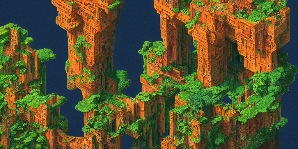 Image similar to isometric perspective, labyrinthine dilapidated prison architecture by mc escher, piranesi and mandelbrot, ricardo bofill. utopian landscape by roger dean. magical realism, colourful warm colours, surrealism, waterfalls, trending on artstation, shot from below,