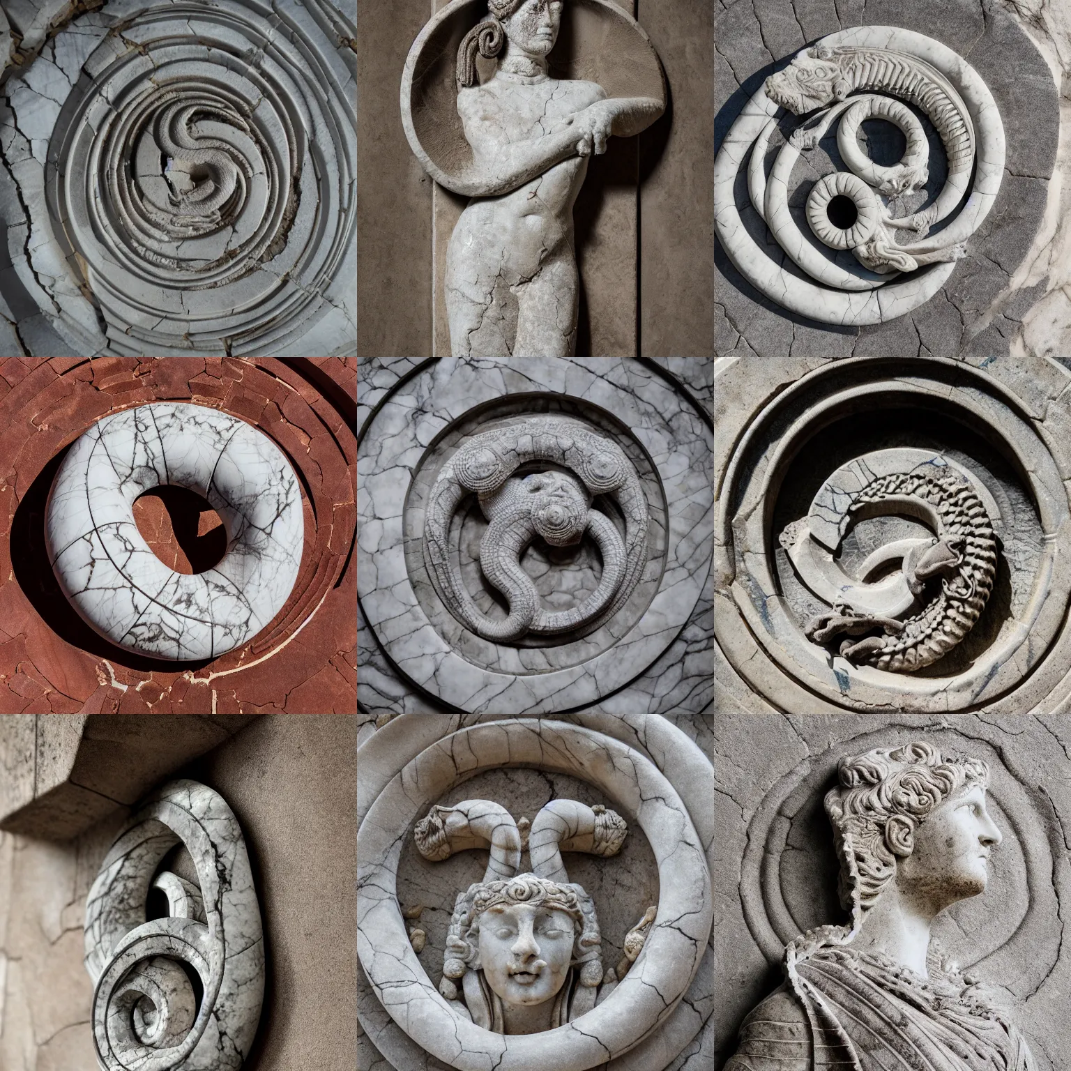 Prompt: intricate ancient statue of ouroboros, marble, cracks in the stone, studio photography