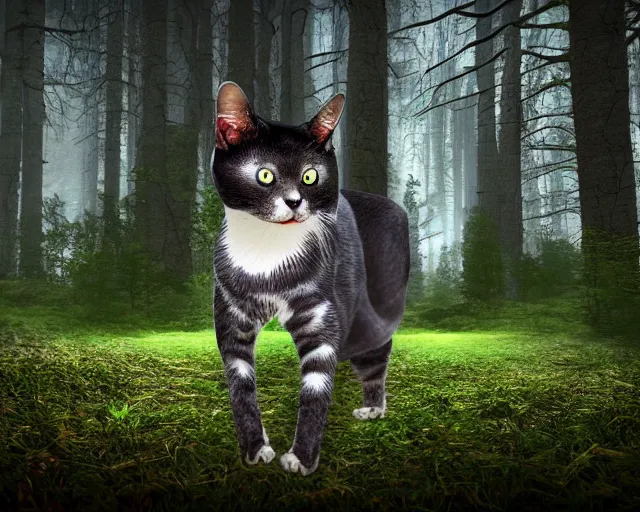 Image similar to a hyperrealistic 3 d render of an evil cat in a haunted forest, extreme wide shot