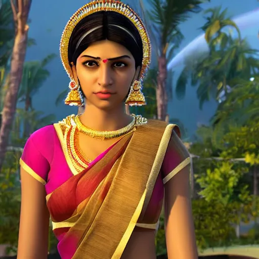 Image similar to a beautiful indian athletic slim female has a halo floating over her head like she was a holy person, the halo was made by a jeweler with gold with intricate details, unreal engine 5