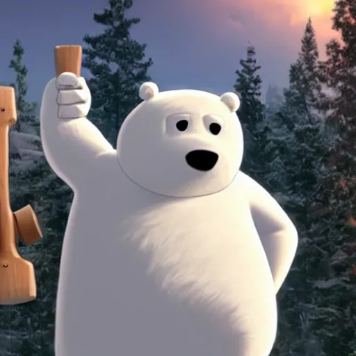 Prompt: ice bear as a robot with an axe from we bare bears in san fransisco, 8 k, weta pixar disney hyper realistic cinematic still