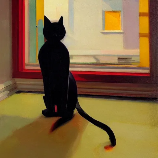 Prompt: a futuristic robotic cat wearing a hat, a highly detailed edward hopper painting, by adrian ghenie and gerhard richter. art by sorolla. masterpiece, flat surreal design with deep colours. 8 k. artstation