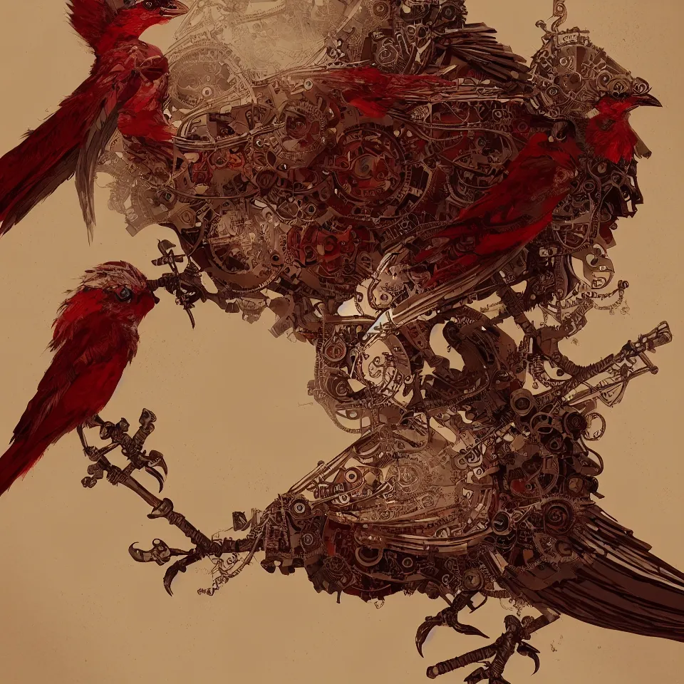 Image similar to a detailed concept art of a steampunk bird by miguel nogueira, gradient dark red, cream and white color scheme, dynamic lighting, cinematic, epic composition, masterpiece